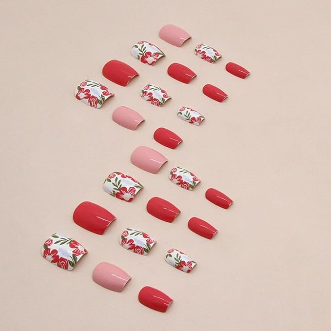 24pcs Pink Red Floral Designs Coffin Press-On False Nails with Glossy Finish, Full Cover Nail, Plastic Material, Quick to Put On, Full Well Tips