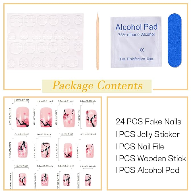 Spring Press on Nails Medium Square Fake Nails with Floral Designs Pink Nails Press ons Glossy Glue on Nails Cute Acrylic Nails Daily Wear Nature False Nails Artificial Stick on Nails for Women 24Pcs