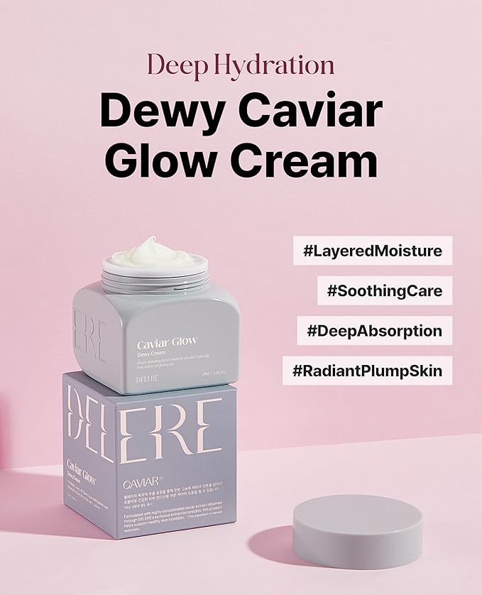 Delere Caviar Glow Dewy Cream | Hydrating Caviar Collagen Cream | Korean Hyaluronic Acid Moisturizer for Radiant Glass Skin, 1.7oz