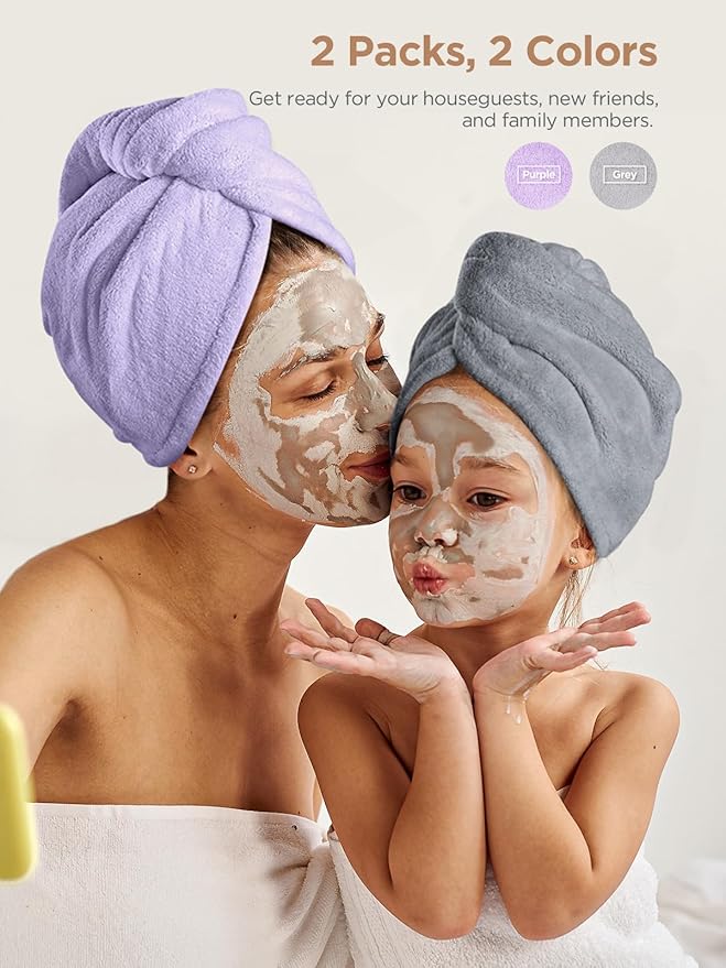 Hicober Microfiber Hair Towel, 2Packs Hair Turbans for Wet Hair, Drying Hair Wrap Towels for Curly Hair Women Anti Frizz (Purple,Grey)