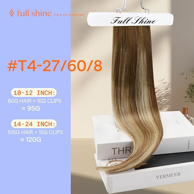 Full Shine Clip in Human Hair Extensions 18 Inch Real Hair Extensions Straight Clip in Human Hair Medium Brown Roots Ash Brown Mix Dirty Blonde Remy Hair Extension 7 Pcs 120 G
