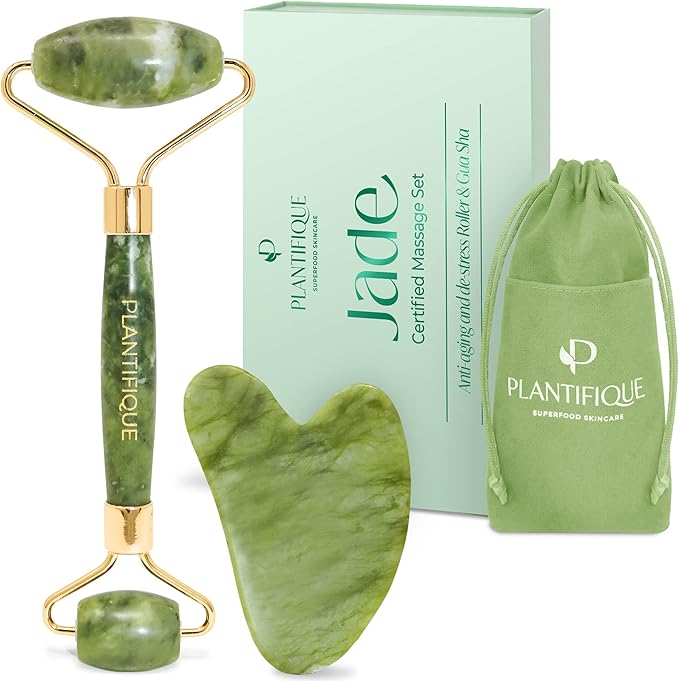 PLANTIFIQUE Jade Roller & Gua Sha Set – Real Jade Facial Tools for Skin Care Routine – Certified Face Massager for Radiant Skin