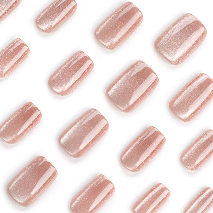 Brown Glossy Cat Eye Press-On Nails, 12 Shapes, 24-Piece Set with Stick, Glue, Alcohol Pad, Nail File, Reusable and Durable for Daily Wear and Special Occasions