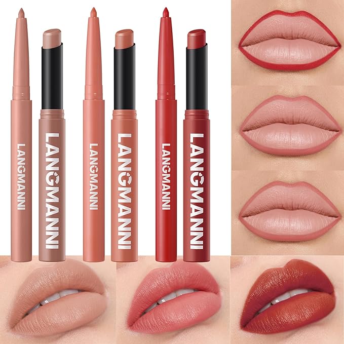 Jolilab 6Pcs Lip Set: 3 Colors Lip Liner+3 Colors Lipstick, Matte/Creamy,Smooth Creamy Texture,Long-Lasting,Bold/Nude Shades for Daily/Party, Vegan, Gift for Makeup Lovers.(#03+05+10)