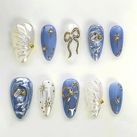 30pcs Blue Press on Nails Medium Almond Fake Nails with 3D Bow Gold Beads Rhinestones Designs Star False Nails Handmade Acrylic Full Cover Glue on Nails for Women Nail Decoration