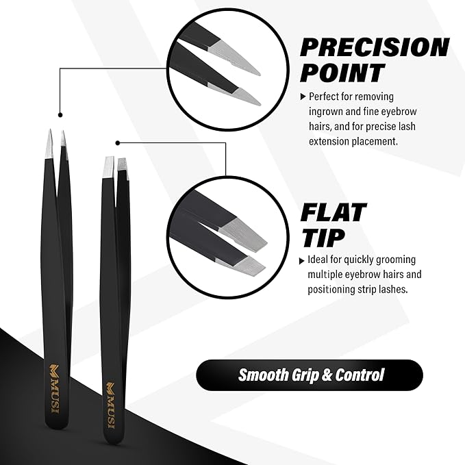 Eyebrow Tweezers Set with Eyebrow Scissors – 4+1 Stainless Steel Tweezers for Women Men Facial Hair - Sharp Tweezer for Shaping Eyebrows - Precision Grooming Tool for Plucking Coarse and Ingrown Hairs