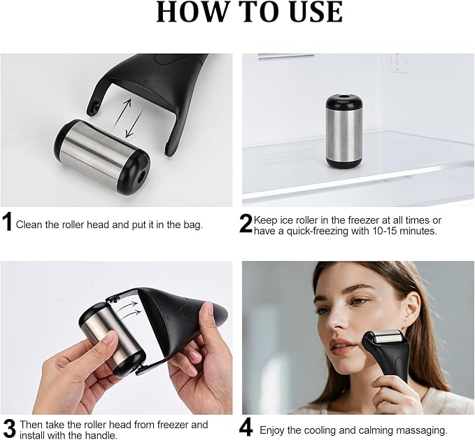 Stainless Steel Ice Roller for Face & Eye, Puffiness Migraine Pain Relief, Face Massager Jade Face Roller Skin Care Tools Self Care Gift Manual for Men Women