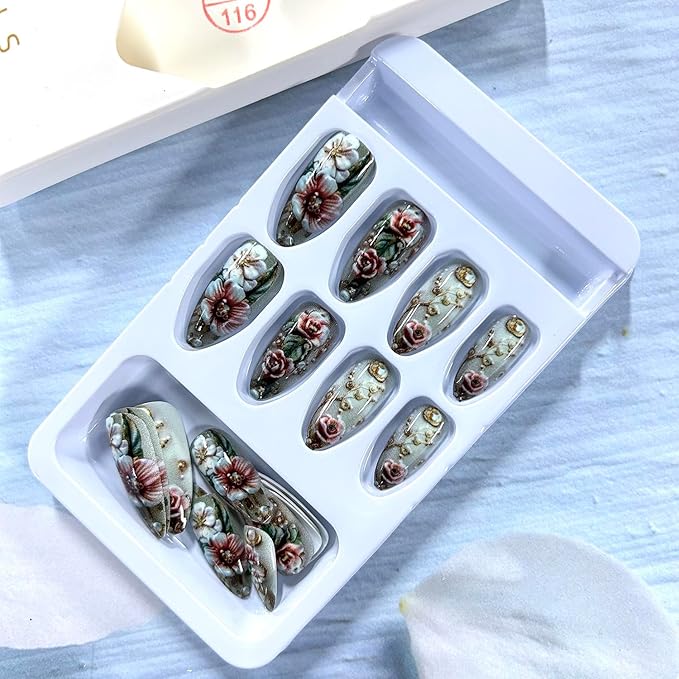 Flower Press on Nails Medium Length Almond Tip Acrylic Fake Nail Full Cover Glossy Floral Stick on Nails Peony Flower Pattern Design Artificial Fingernails 24Pcs DIY Glue on Nails for Women