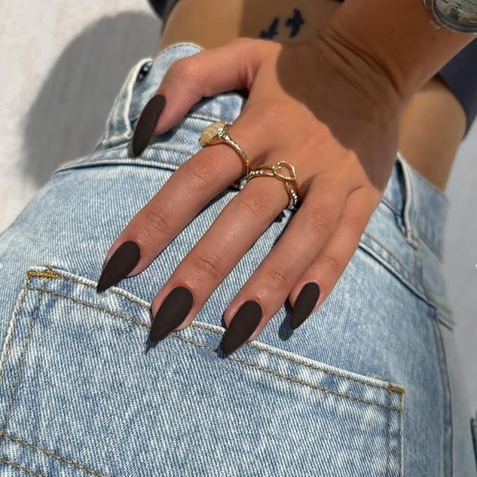 48Pcs Matte Black Press on Nails Almond Fake Nails Glue on Nails Medium Length Almond Shaped Nails Press ons, Stiletto False Nails for Women, Medium Almond Nails, Thick Natural Acrylic Gel Nails