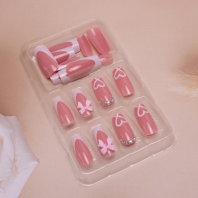French Tip Press on Nails Medium Square Fake Nails White Heart Acrylic Nails Pink Bow Charms False Nails with Rhinestone Glue on Nails Glossy Artificial Stick on Nails for Women Girls Manicure 24Pcs