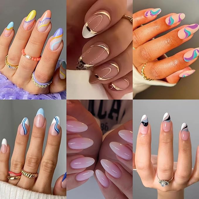 6 Pack Press on Nails - Almond, French Tip, Swirl, False, Gel - 144 Pcs, 12 Sizes, 6 Styles