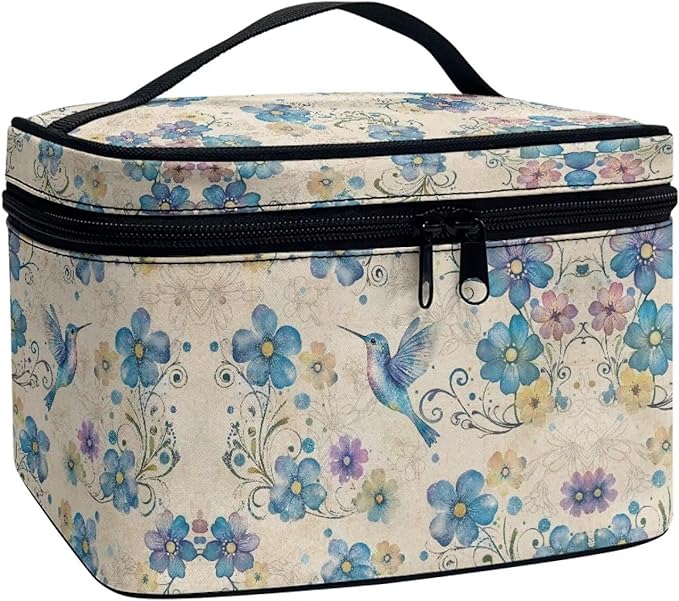 Blue Hummingbird Floral Pattern Travel Makeup Bags for Women Portable Tote Cosmetic Case with Carry Handle Toiletry Accessories Storage Organizer Bags