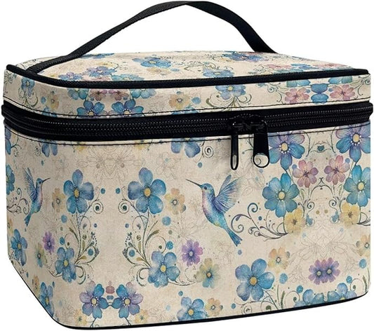 Blue Hummingbird Floral Pattern Travel Makeup Bags for Women Portable Tote Cosmetic Case with Carry Handle Toiletry Accessories Storage Organizer Bags