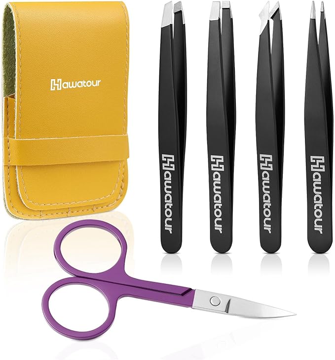 HAWATOUR Tweezers Set, 4Pcs Eyebrows Tweezers & 1Pc Scissor with Leather Case, Great Precision for Ingrown Hair, Facial Hair Removal, Black