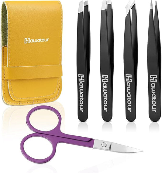 HAWATOUR Tweezers Set, 4Pcs Eyebrows Tweezers & 1Pc Scissor with Leather Case, Great Precision for Ingrown Hair, Facial Hair Removal, Black