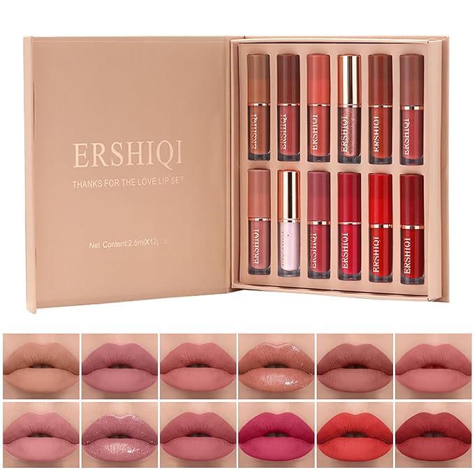 12Pcs Nude Matte Liquid Lipstick Set, Waterproof Long Lasting Non-Stick Cup 12 Colors Nude Lipstick 24 Hour Not Fade Matte Lipstick Professional Lip Gloss Makeup Christmas Gift Sets for Women