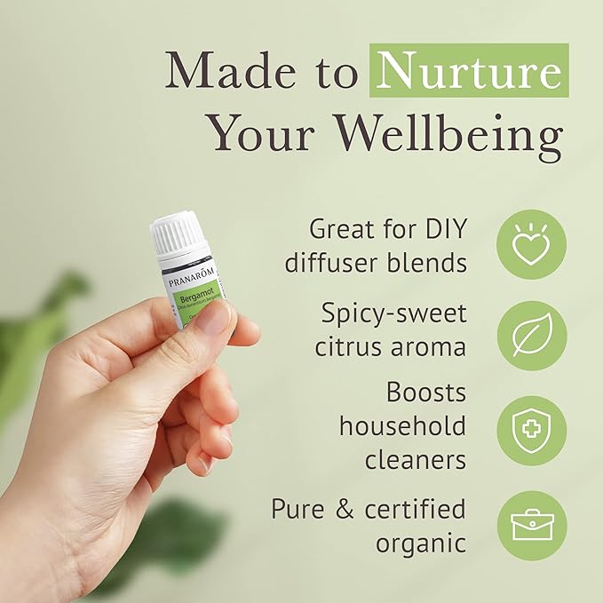 Pranarom USDA Certified Organic Bergamot Essential Oil (5ml), 100% Pure Undiluted Therapeutic Grade from Italy for Aromatherapy, Diffuser, Uplifting Scent, Immune Support, Relaxation, Sleep