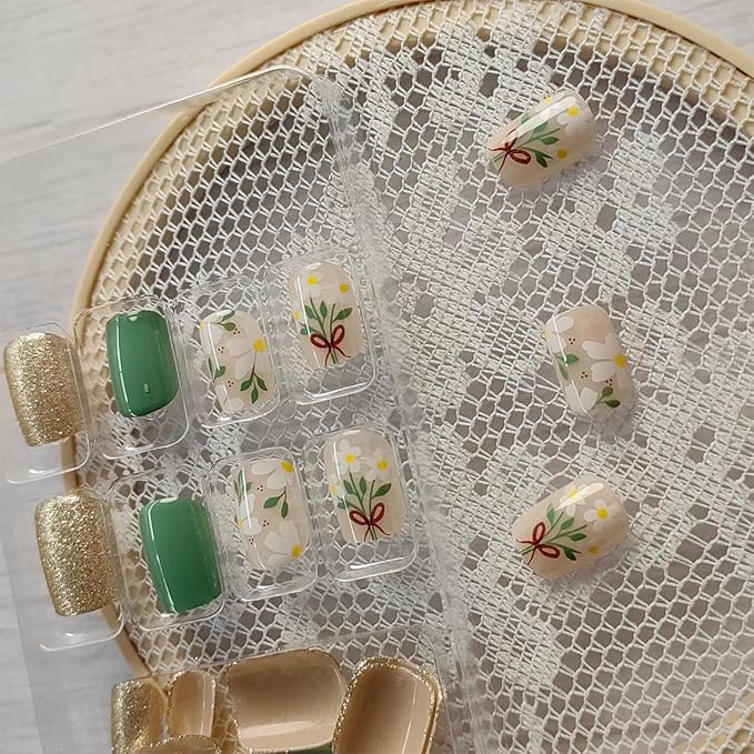 24Pcs Spring Press on Nails Short Square Fake Nails Bow Flower Glue on Nails Green Glossy Full Cover False Nails Glitter Gold Artificial Stick on Nails Coffin Acrylic Nails Kit for Women Nail Supplies
