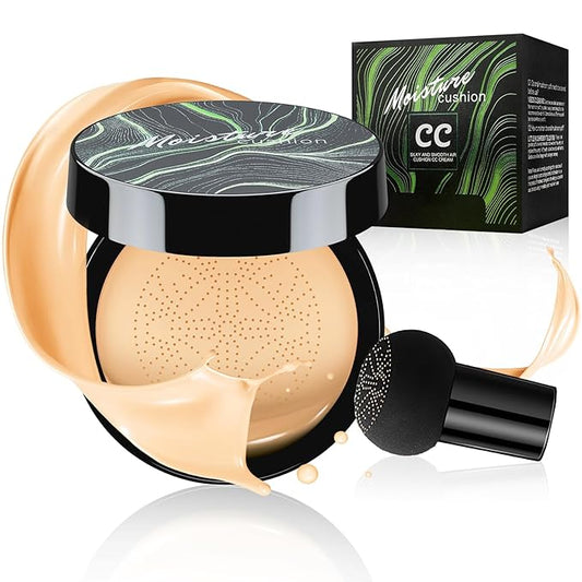 Mushroom Head Air Cushion CC Cream Foundation - Moisturizing & Long-Lasting BB Cream Concealer Makeup Base for All Skin Types, Brighten Long - Lasting Even Color Correcting Concealer (Buff Beige)