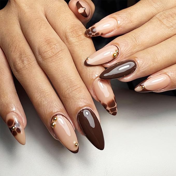 IMRAIN Medium Press on Nails Almond Fake Nails Brown French Tip False Nails with Flower Design Glue on Nails Full Cover Stick on Nails Artificial Acrylic Nails for Women Manicure 24Pcs