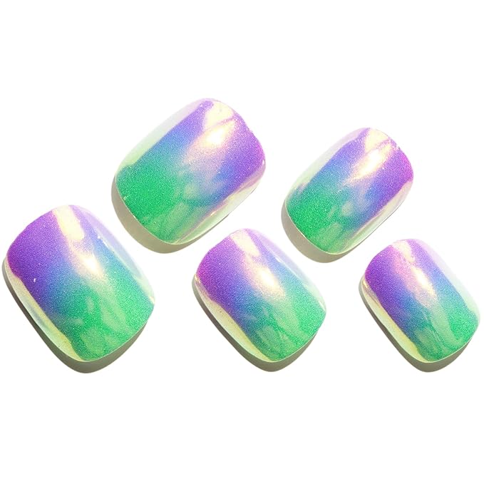 GLAMERMAID Extra Short Press on Nails 24PCS, Handmade Purple Green Ombre Chrome Fall Gel Glue on Nails, Glossy Round Reusable UV Finish Fake Nails Acrylic False Nails Manicure Kits for Women