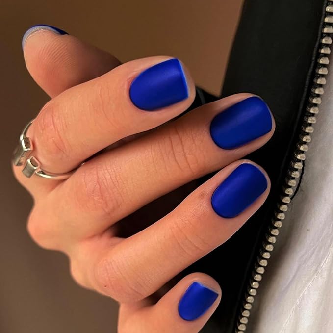 KQueenest Matte Dark Blue Press on Nails Extra Short Square, Natural Pure Color Fake Nails, Acrylic Full Cover Glue on for Women Girls Manicure in 24 PCS, No Glue
