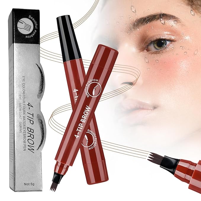 2025 Premium Magic Eyebrow Pencil with a Micro-Fork Tip, 3D Microblading Eyebrow Pencil Waterproof Contouring Pen, 4 Tipped Spoolie Brush Precise Brow Pen Natural Makeup Effect (Red Brown)