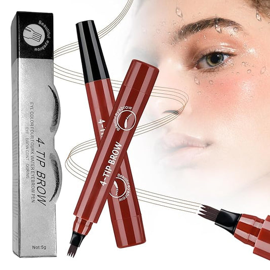 2025 Premium Magic Eyebrow Pencil with a Micro-Fork Tip, 3D Microblading Eyebrow Pencil Waterproof Contouring Pen, 4 Tipped Spoolie Brush Precise Brow Pen Natural Makeup Effect (Red Brown)