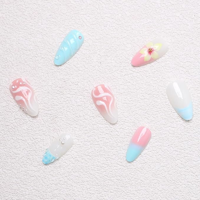 24Pcs Pink Flower Press on Nails Medium Almond Handmade Fake Nails with Gold Shell Pearl Design Blue French Tip False Nails Full Cover Artificial Glue on Nails Summer Beach Stick on Nails for Women