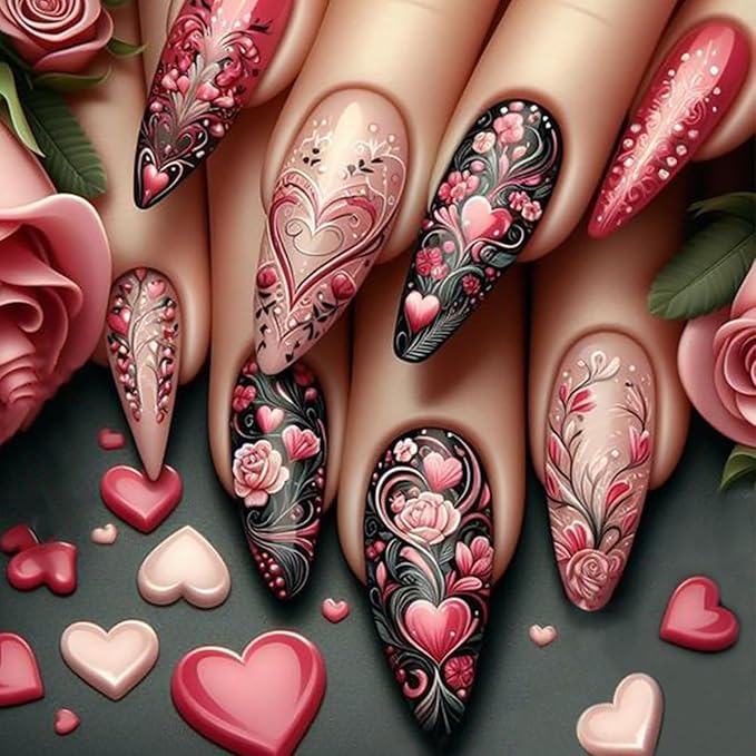24Pcs Valentine's Day Press on Nails Long Almond Fake Nails Pink Love Heart False Nails Flower Rose Full Cover Glue on Nails Valentines Artificial Stick on Nail Glossy Acrylic Nails for Women Manicure