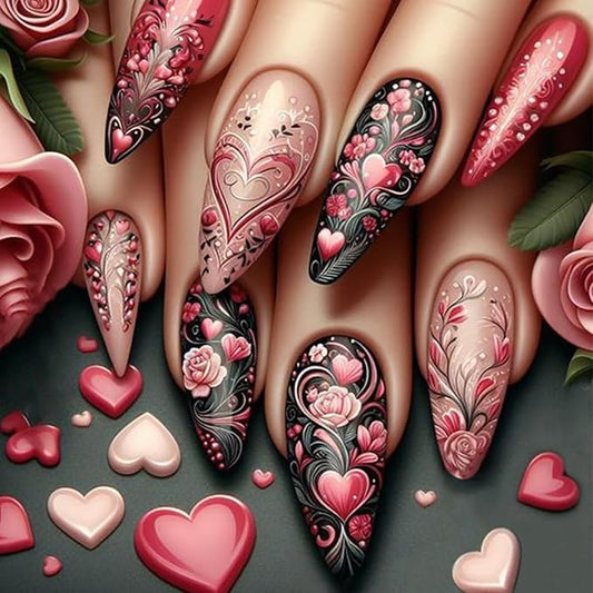 24Pcs Valentine's Day Press on Nails Long Almond Fake Nails Pink Love Heart False Nails Flower Rose Full Cover Glue on Nails Valentines Artificial Stick on Nail Glossy Acrylic Nails for Women Manicure