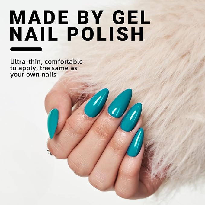 Wooyas Press on Nails Medium, Blue Almond Glossy Handmade Fake Nails Reusable, Fit Perfectly Glue On Nails in 12 Sizes - 24 Pcs Soft Gel Glue On Nails Kit for Women Girls