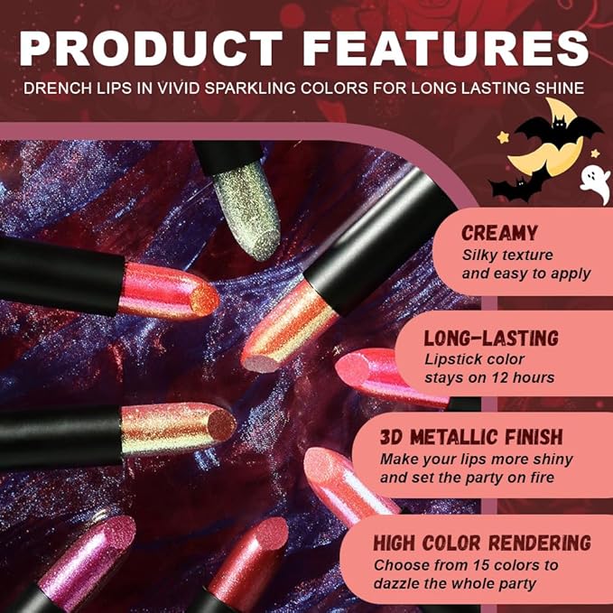 Kaely Glitter Metallic Lipstick, Shimmer Metallic Lipsticks for Women, High Pigmented Lip Gloss Long Lasting Waterproof Smudge Proof 24 Hour, Halloween Makeup, Vegan & Cruelty-Free, 08