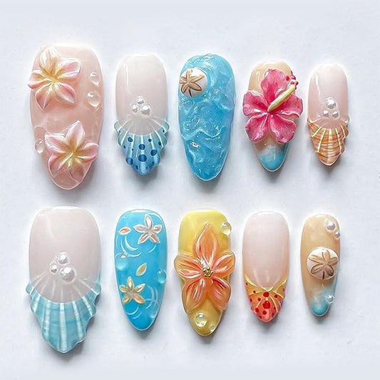 30pcs Flower Press on Nails Medium Almond Fake Nails with 3D Summer Flowers Shell Pearl Designs Blue French Tip False Nails Floral Acrylic Nail Tips Full Cover Stick on Nails for Women