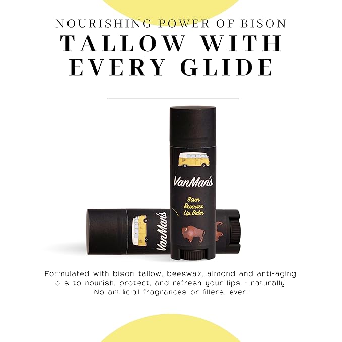 VanMan Beeswax Lip Balm Tube – Organic Bison Tallow Balm with Grass-Fed and Finished Tallow, Sweet Almond Oil, Lanolin, and Beeswax – Hydrating Moisturizer for Dry Lips – Bison – 3 Tube Pack