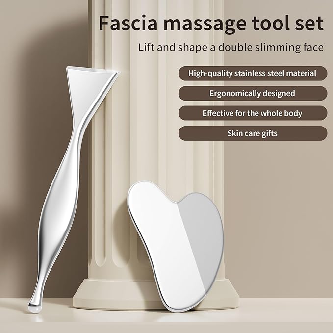Stainless Steel Gua Sha Board & Acupressure Pen Facial Tools, Lymphatic Drainage Massager for Face, Chin & Jawline Sculpting, Skin Care Gift for Mom Women