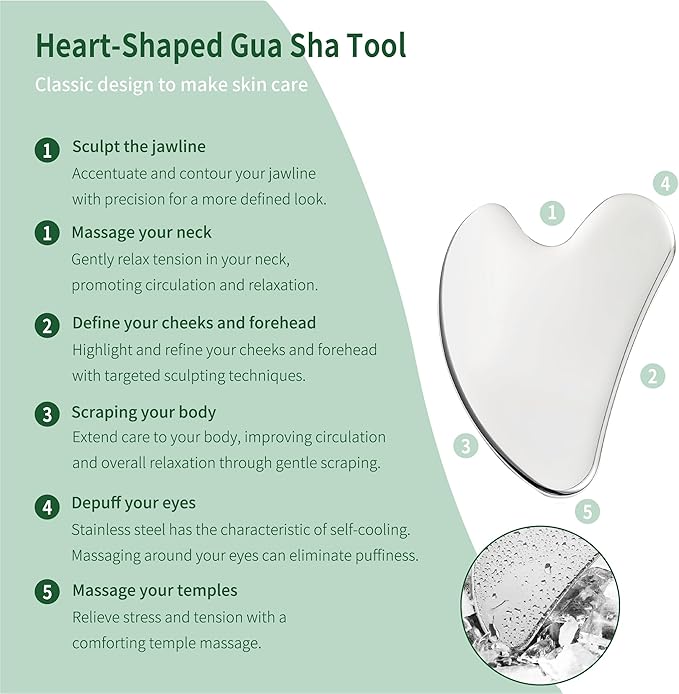 2Pcs Gua Sha Facial Tools Stainless Steel, Detailer GuaSha Set for Face Neck, Natural Skin Care Metal Gua Sha Lymphatic Drainage Face Massage Tool, Gift for Women (Heart Guasha Set)