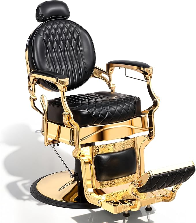 OmySalon Retro Barber Chair Heavy Duty, Aluminum Alloy Frame, Adjustable Headrest, Extra Wide Footrest, Hydraulic Salon Chair for Hair Stylist Reclining All Purpose for Beauty Spa Shampoo, Black Gold