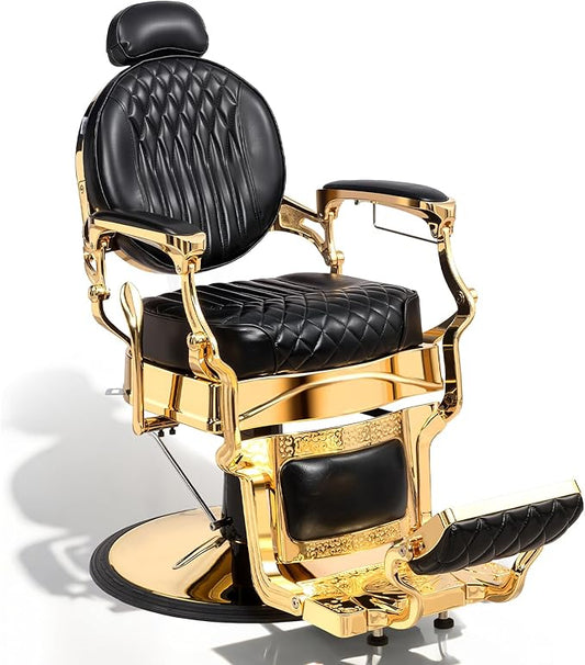 OmySalon Retro Barber Chair Heavy Duty, Aluminum Alloy Frame, Adjustable Headrest, Extra Wide Footrest, Hydraulic Salon Chair for Hair Stylist Reclining All Purpose for Beauty Spa Shampoo, Black Gold
