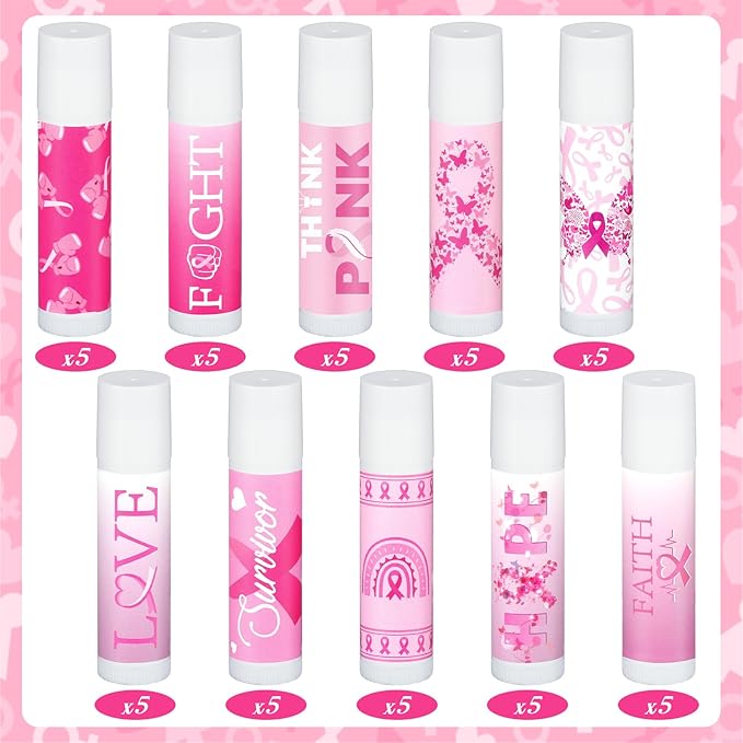 50 Pack Breast Cancer Awareness Favors Bulk Lip Balms Gifts Pink Ribbon Lip Balms Favors Breast Cancer Awareness Month Accessories Support Party Items Decorations for Women Men Survivors