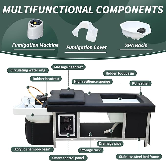 Head Spa Bed with Footbath, Japanese Headspa Equipment with Water Circulation & Fumigation, Light Therapy Massage Table for Barbershop, Salon Station,Foot Bath