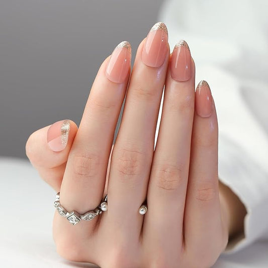 Press On Nails Spring Acrylic Nails for Women - Gold French Glitter Designer Fake Nails Short Almond 24PCS, Glossy Soft Gel with Glue, Outdoor Picnic/Wedding/Party Reusable Stick On Nails