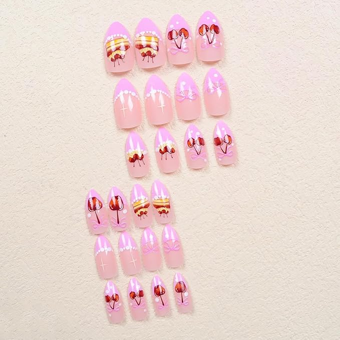 24Pcs Pink French Tip Press on Nails Medium Almond Acrylic False Nails with Cherry Cake White Pearl Design Full Cover Artificial Glue on Nails Glitter Stick on Nails for Women DIY Manicure