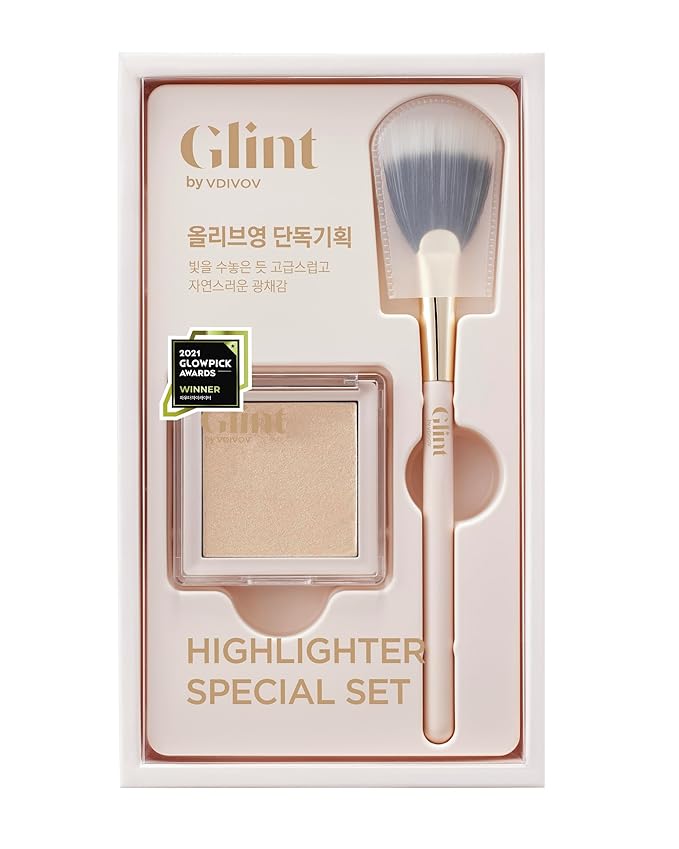 Glint Highlighter Special Set (Dewy Moon(Set), 0.08oz + Fan Brush) - Baked Highlighter for Natural Glow. Korean Makeup by LG Beauty. Rich Pigment, Silky Touch, Shimmer.