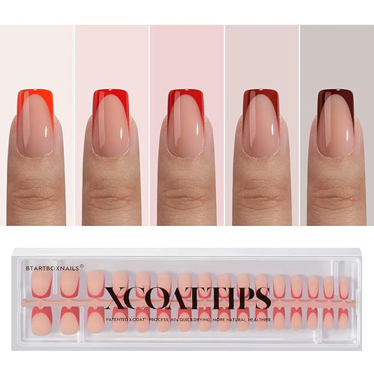 BTArtboxnails XCOATTIPS Red French Tip Press on Nails - Red French Tip Nails Square, Christmas Press on Nails Short, Soak Off Soft Gel Nail Extension 160Pcs