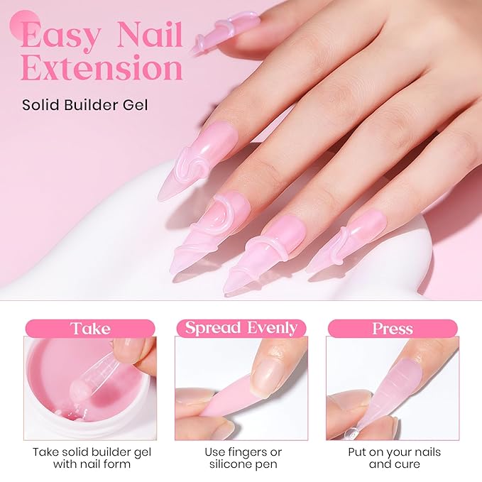 MIZHSE Solid Nail Builder Gel, 2.1 oz 60g Pink Builder Gels for Nails Non-Sticky Solid Builder Extensions Hard Gel with 24pcs Dual Forms and Silicone Pen 3D Art Manicure Set