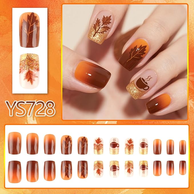 Fall Ombre Press on Nails Medium Square Gold Glitter Acrylic Fake Nails Thanksgiving Maple Leaf False Nails Autumn Coffee Stick on Nail Glossy Brown Gradient Gel Glue on Nail for Women 24Pcs