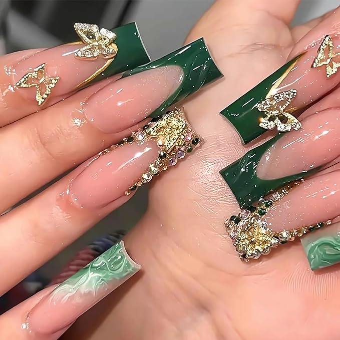 BABALAL Press on Nails Long Square Fake Nails Green French Tip Glue on 3D Texture Handmade Acrylic Nails with Butterfly Charm Luxury False Nails 24Pcs Squoval Nails Artificial Nails for Women Girls