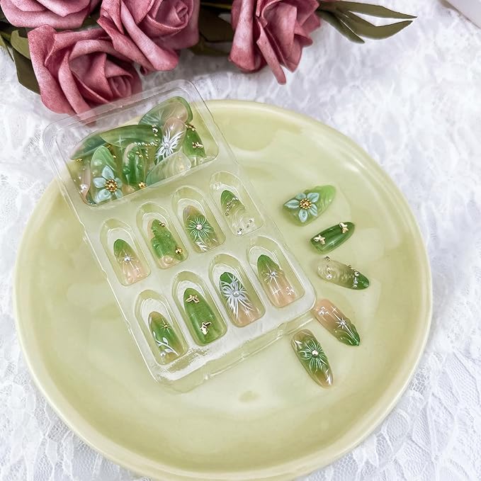30pcs Green Press on Nails Medium Almond Fake Nails With 3D Flower Pearl Rhinestone Design Gold Beads Butterfly False Nails Star Glue on Nails 3D Summer Floral Full Cover Stick on Nails for Women