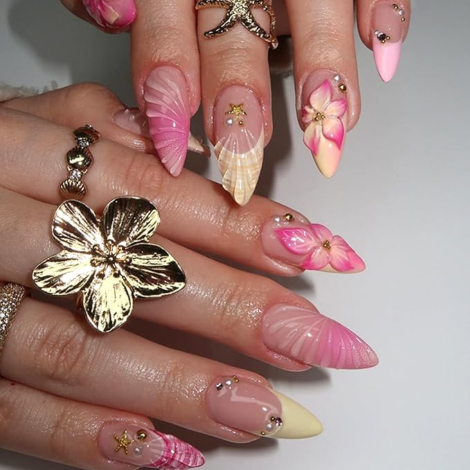 24Pcs Pink Flower Press on Nails Medium Almond Fake Nails 3D Floral Shell Pattern Acrylic Nail Gold Starfish Pearl French Tip Glue on Nails Summer False Nail Tips for Women Manicure Kit